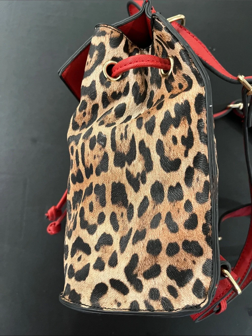 Leopard Print Drawstring Backpack with Red Trim